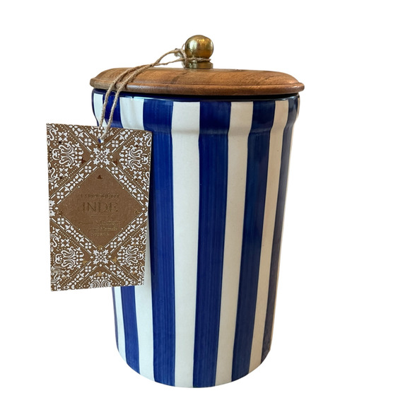 Blue & Cream Hand Painted Striped Ceramic Canister Set of 3  Made in India NEW - Picture 2 of 16